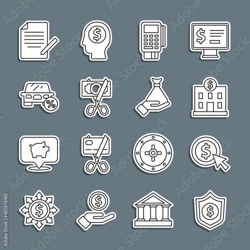 Set line Shield with dollar, Coin money, Bank building, POS terminal credit card, Scissors cutting, Car leasing percent, Document and pen and Money hand icon. Vector