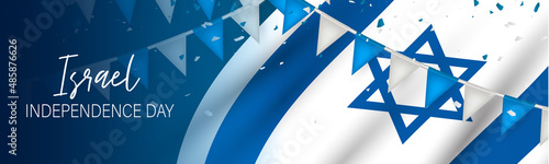 Israel Independence Day banner or site header. National holiday design template. Israeli symbolics background with blue and white flag and bunting. Vector illustration.