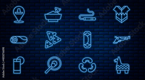 Set line Pinata, Vintage pistols, Cigar, Nachos, Burrito, Mexican sombrero, and bowl icon. Vector