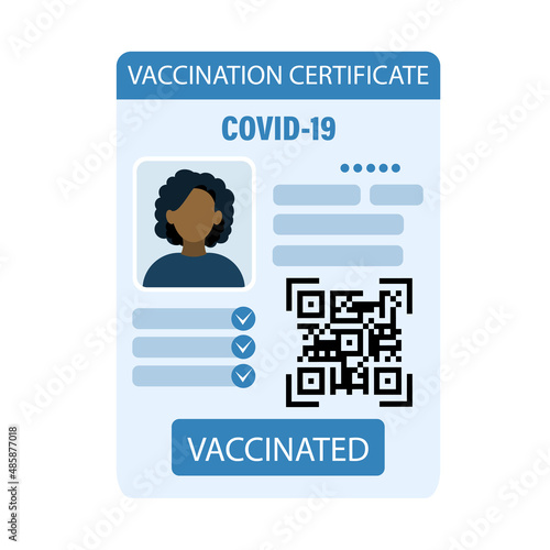 COVID-19 vaccine certificate or ID with QR code. Concept of document to prove vaccination status for travel, assurance of protection from coronavirus. Modern flat vector illustration for banner.