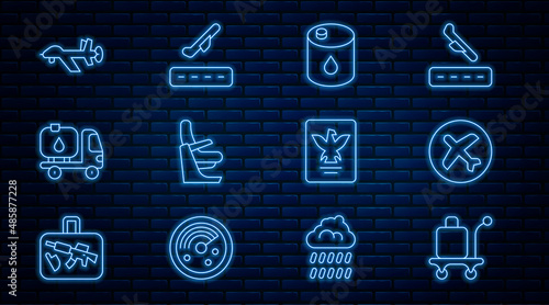 Set line Trolley baggage, Plane, Barrel oil, Airplane seat, Fuel tanker truck, UAV Drone, Passport and takeoff icon. Vector