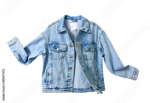 Blue denim jacket, jean coat isolated.Fashion teenager clothing. Women's men's sportwear studio shot.