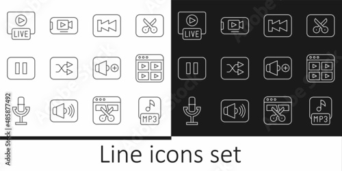 Set line MP3 file, Music playlist, Rewind button, Arrow shuffle, Pause, Live stream, Speaker volume and Online video icon. Vector