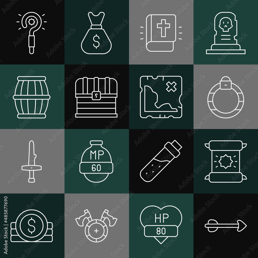 Set line Arrow, Decree, parchment, scroll, Magic stone ring, Holy bible book, Chest, Gun powder barrel, wand and Pirate treasure map icon. Vector Set line Arrow, Decree, parchment, scroll, Magic stone ring, Holy bible book, Chest, Gun powder barrel, wand and Pirate treasure map icon. Vector