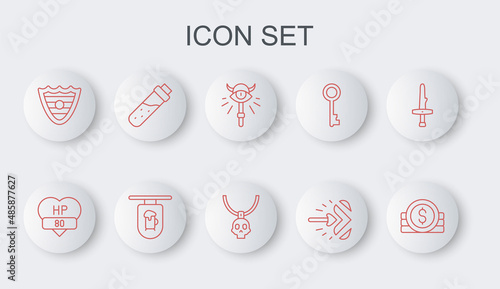 Set line Ancient coin, Video game bar, Magic staff, arrow, Shield, Bottle with potion, Street signboard Bar and Necklace amulet icon. Vector