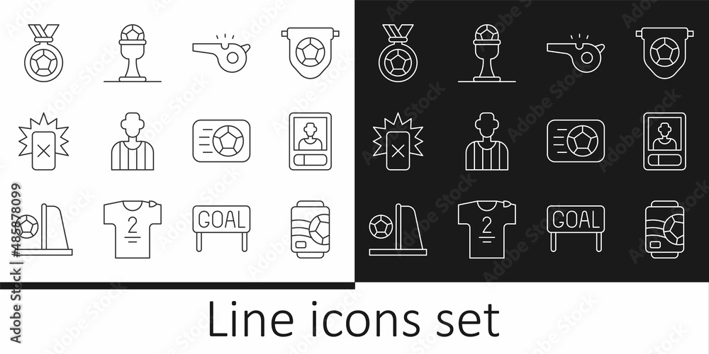 Set line Beer can, Football or soccer card, Whistle, referee, Red football, medal, Soccer and Award cup and icon. Vector