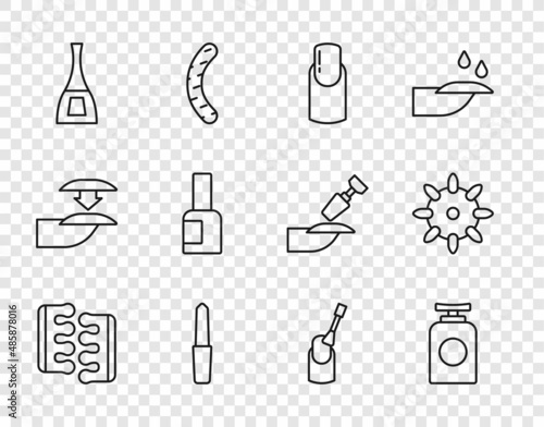 Set line Toe separator for pedicure, Tube of hand cream, Nail manicure, file, Bottle nail polish, and False nails icon. Vector