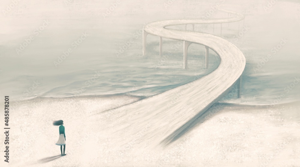 Fototapeta premium Way hope dream ambition freedom and success concept art, conceptual 3d illustration, surreal artwork, woman alone with the road and the sea, imagination painting.