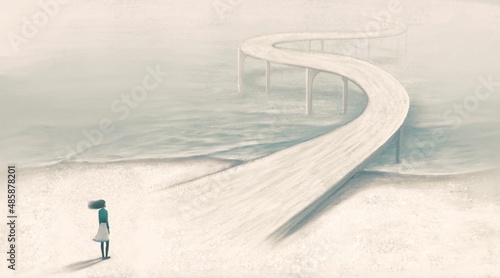 Way hope dream ambition freedom and success concept art, conceptual 3d illustration, surreal artwork, woman alone with the road and the sea, imagination painting.