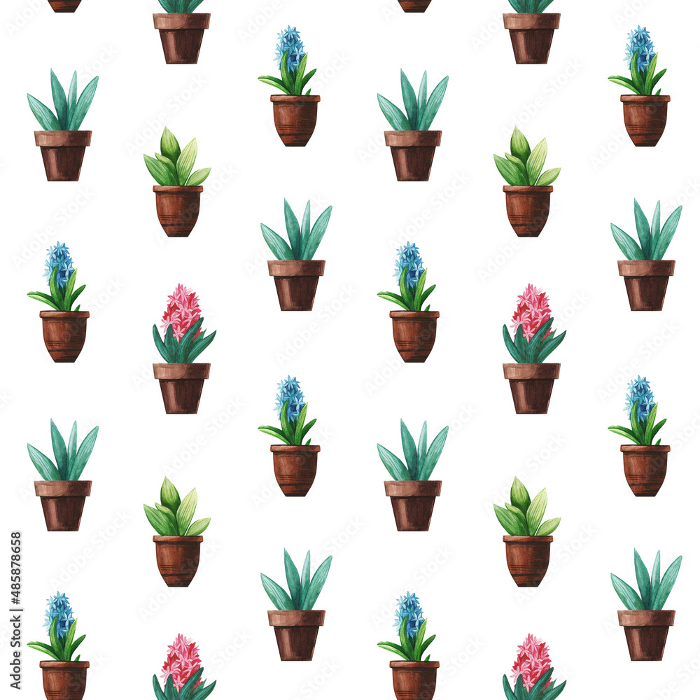 Fototapeta premium Watercolor seamless pattern with spring flowers in pots. Pink and blue hyacinths.