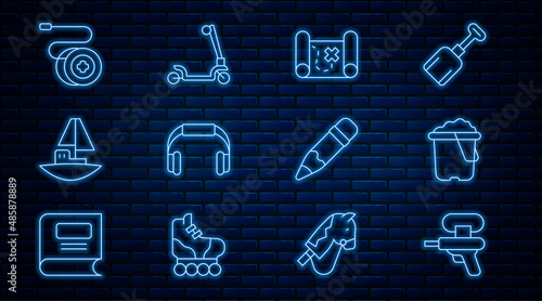 Set line Water gun, Sand in bucket, Pirate treasure map, Headphones, Toy boat, Yoyo toy, Pencil with eraser and Roller scooter icon. Vector