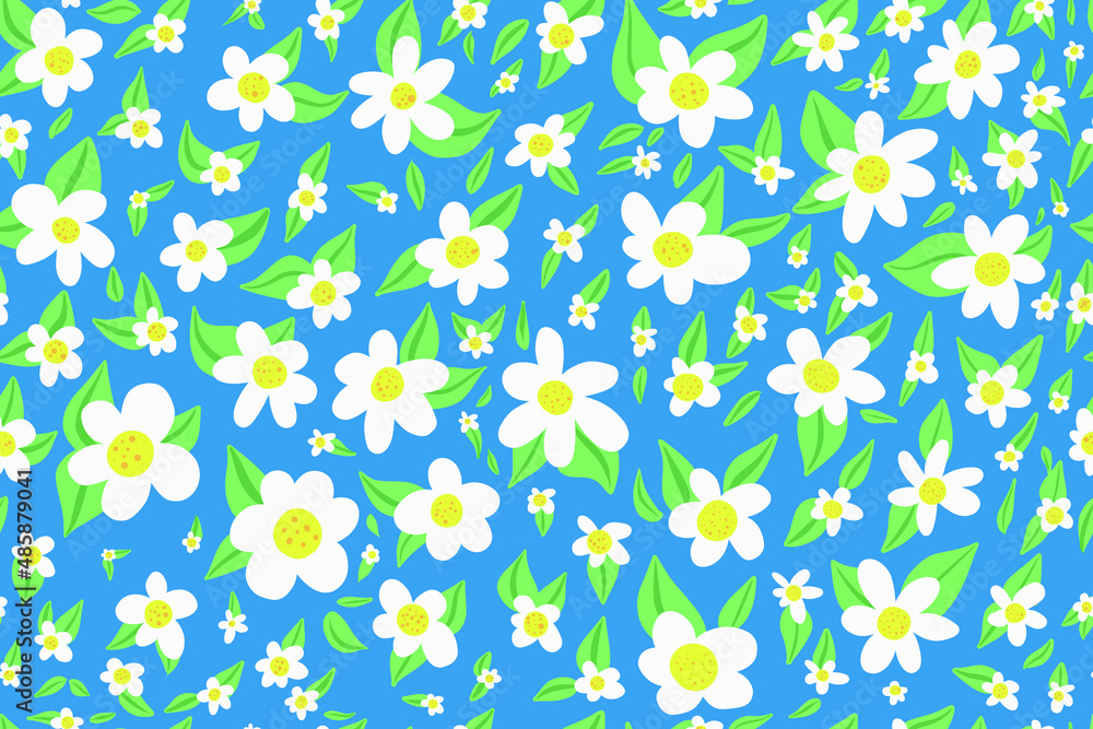 Cute funny vector seamless ornament with cute spring white daisies on a blue background. Pattern for printing on fabric, clothes, packaging, wallpaper, things 