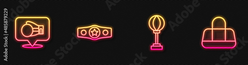 Set line Punching bag, Boxing glove, belt and Sport. Glowing neon icon. Vector
