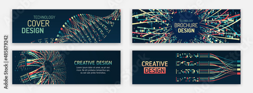 Big data futuristic web background. Visualization of data arrays, databases. Information flow, sorting. Set of Hi-tech banner templates for websites. Abstract social media cover design.