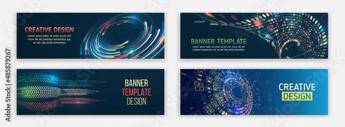 Abstract social media cover design. Big data futuristic web background. Visualization of data arrays, databases. Information flow, sorting. Set of Hi-tech banner templates for websites.