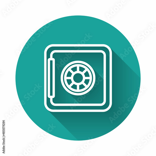 White line Safe icon isolated with long shadow. The door safe a bank vault with a combination lock. Reliable Data Protection. Green circle button. Vector