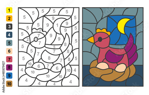 Simple level vector coloring farm animal chicken on the nest, color by numbers. Puzzle game for children education