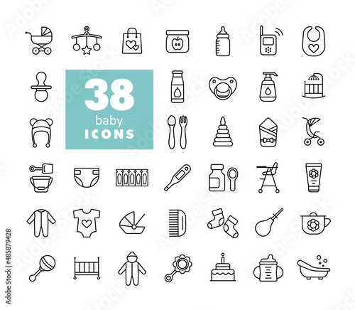 Baby, feeding and care icons set