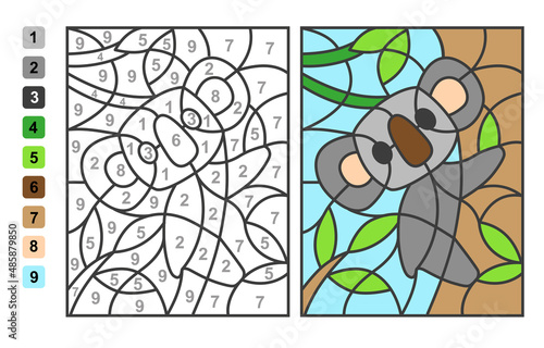 Simple level vector coloring zoo animal koala, color by numbers. Puzzle game for children education