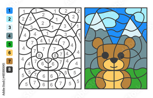 Simple level vector coloring wild animal bear, color by numbers. Puzzle game for children education