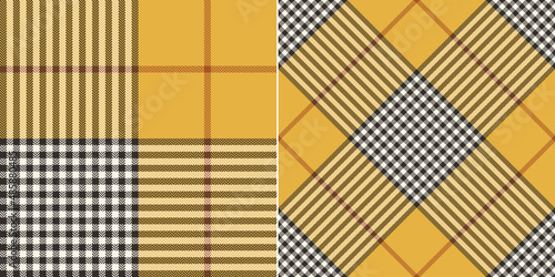 Plaid pattern in brown, mustard yellow, red, white for spring autumn winter scarf, blanket, duvet cover. Seamless herringbone textured large bright tartan check set for modern fashion textile print.