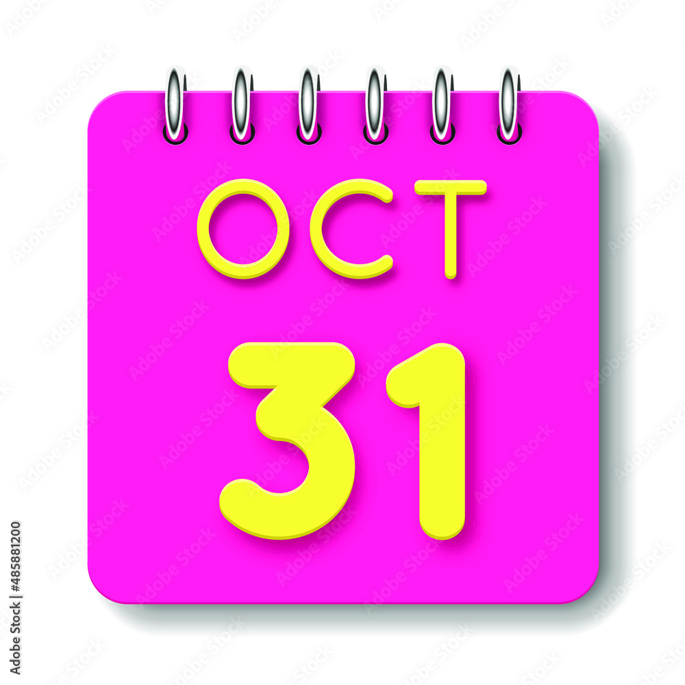 31 day of the month. October. Cute calendar daily icon. Date day week Sunday, Monday, Tuesday, Wednesday, Thursday, Friday, Saturday. Neon yellow. Pink Paper. White background. 31 day of the month. October. Cute calendar daily icon. Date day week Sunday, Monday, Tuesday, Wednesday, Thursday, Friday, Saturday. Neon yellow. Pink Paper. White background.
