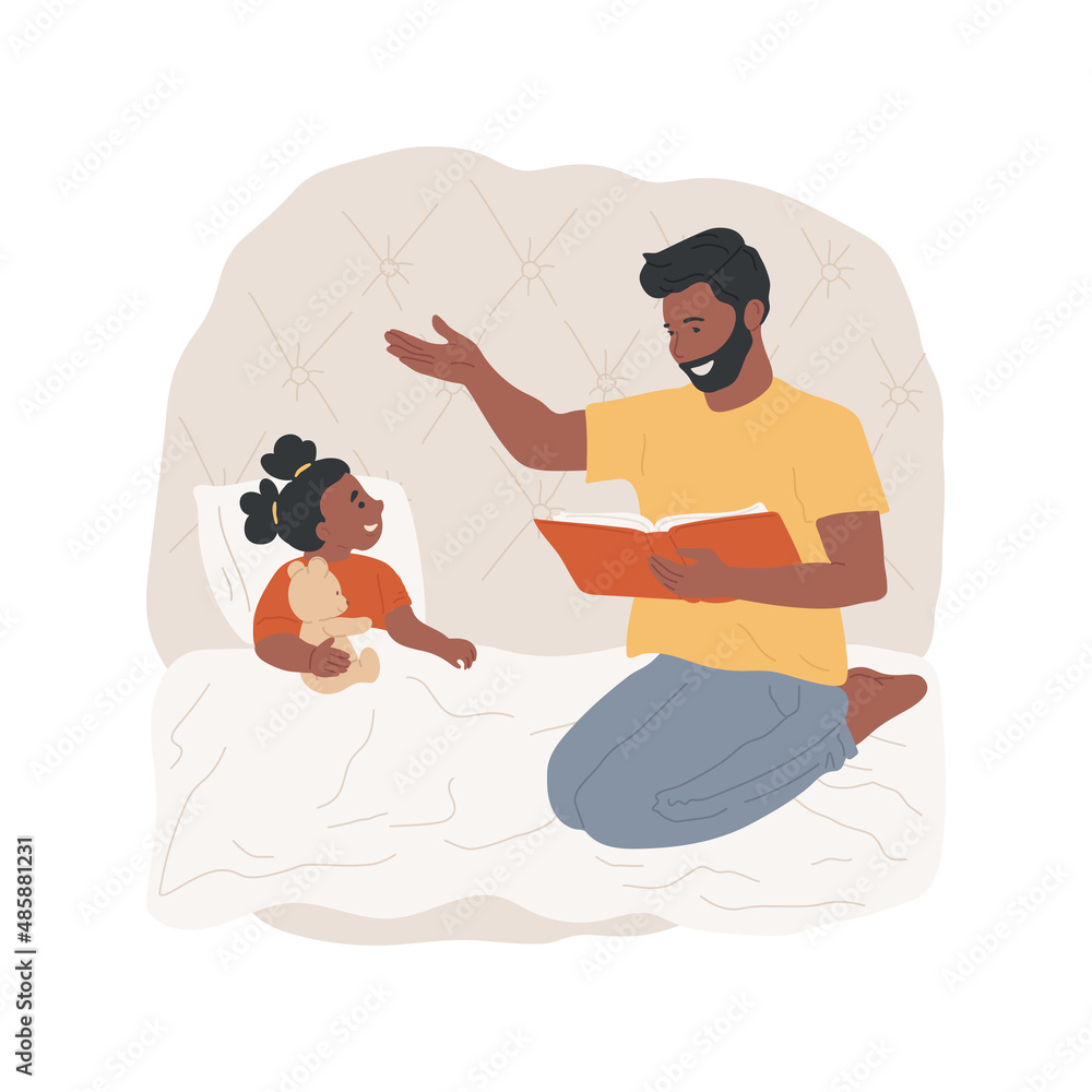 Telling fairy tale abstract concept vector illustration. Parent telling story to child, reading fairy tale before sleep, bedtime storytelling, homeschooling, parental daycare abstract metaphor.
