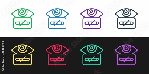 Set line Hypnosis icon isolated on black and white background. Human eye with spiral hypnotic iris. Vector