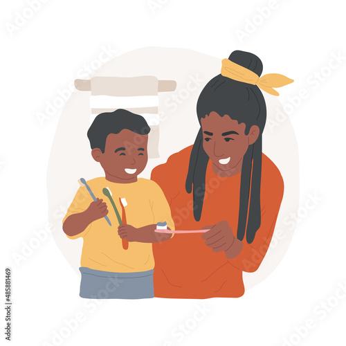 Teach brushing teeth abstract concept vector illustration. Parent shows how to hold tooth brush, family brushing teeth together, child personal hygiene skill, homebased daycare abstract metaphor.