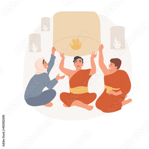 Lighting lanterns abstract concept vector illustration. Buddhist people lighting lanterns, celebrating Vesak, religious festivals, holy days, Buddha Birthday cultural tradition abstract metaphor.