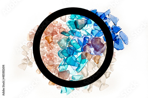 Sea glass, teal, pink, salmon, blue colored stones and tile pieces on white background with circle element. photo