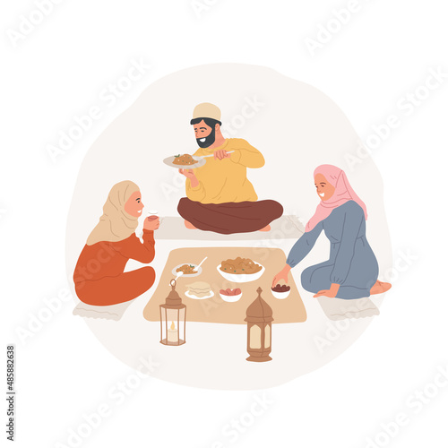Sohour abstract concept vector illustration. Islamic family having iftar meal, Sohor celebration together, honoring old cultural traditions, religious festivals, holy days abstract metaphor.