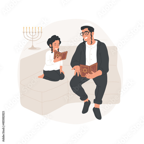 Orthodox Family abstract concept vector illustration. Orthodox father and son reading, teaching Torah to child, everyday religious ritual, family tradition, spiritual practice abstract metaphor. © Vector Juice