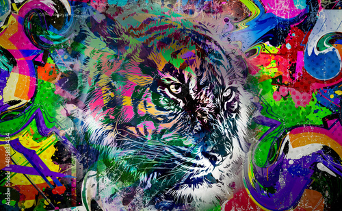 Bright abstract colorful background with tiger, paint splashes © reznik_val
