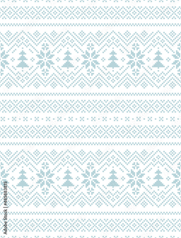 Christmas pattern in blue and white for gift paper with nordic snowflakes and Xmas trees. Seamless pixel fair isle border vector for jumper, socks, mittens, other winter holiday fashion print.