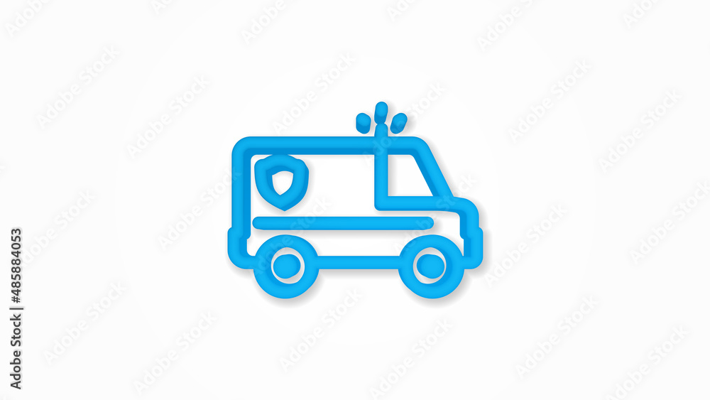 police car 3d line flat color icon. Realistic vector illustration. Pictogram isolated. Top view. Colorful transparent shadow design.