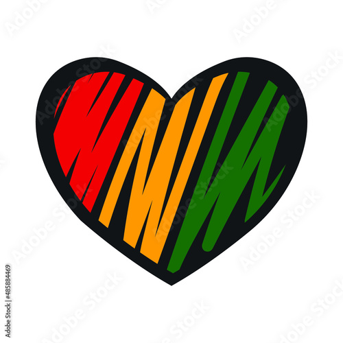 Doodle heart drawn in colors of Africa flag. Black history month concept. Celebrated annually in February in the USA and Canada, and in October in UK. Isolated on white.