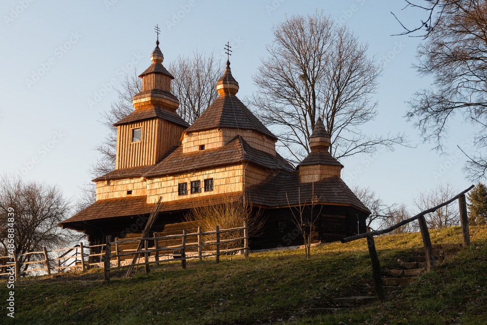 The Greek Catholic wooden church of St Michael the Archangel from Nova Sedlica located in open air museum of Humenne, Slovakia