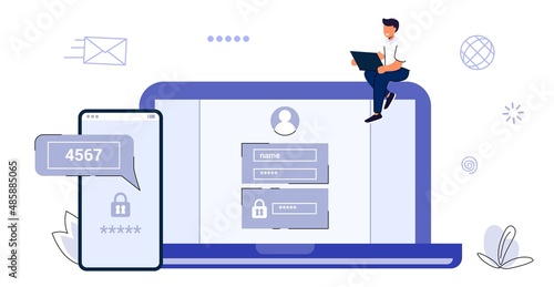2fa Two factor authentication password secure notice login verification code Notice with code fo sign in Two steps factor verification via laptop and phone Mobile OTP method Vector flat illustration
