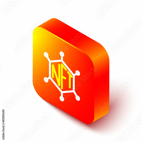 Isometric line NFT blockchain technology icon isolated on white background. Non fungible token. Digital crypto art concept. Orange square button. Vector