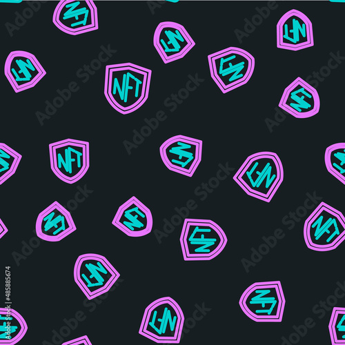 Line NFT shield icon isolated seamless pattern on black background. Non fungible token. Digital crypto art concept. Vector