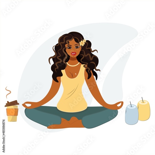 Cute African American woman meditates in the lotus position. A pretty girl, a woman in a yellow t-shirt is doing yoga with a cup of coffee and candles. Healthy lifestyle. Vector isolated Cartoon, flat