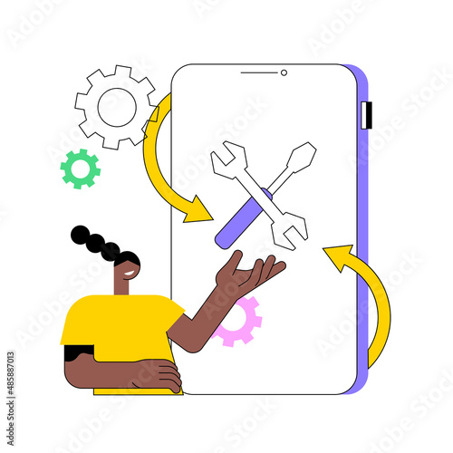 Refurbished device abstract concept vector illustration. Refurbished mobile phone, certified restored products, repaired electronics offer, used gadget, buy eco-friendly device abstract metaphor.
