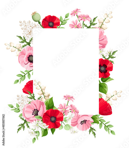 Vector card with red, pink, and white poppy, lilac, and lily of the valley flowers. Greeting or invitation card design