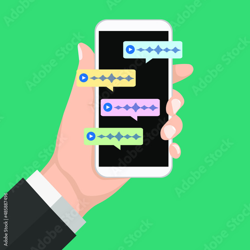 Voicemail message on cell phone notice or voice chat bubble recording bubble speech on person man hand cellphone screen flat cartoon illustration, idea of smartphone audio chatting or mail speak 