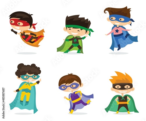 Vector illustrations of boy and girl children superheroes in funny comics costume