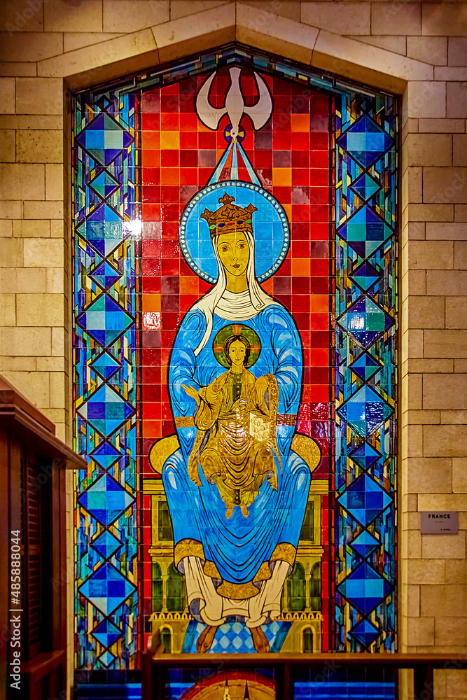 Mary and Jesus Mosaic by France inside Basilica of the Annunciation, Nazareth. Catholic church in Nazareth, northern Israel.