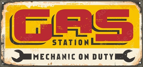 Canvas-taulu Gas station retro sign design template on old metal background