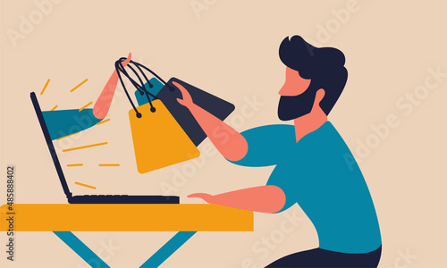 Computer shop for business connection to customer. Hand with parcel goods on screen display laptop vector illustration concept. Market with delivery to people and money virtual transaction or shopping