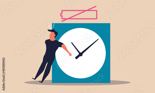 Bored procrastination and later overload man. Relax to problem and low energy power vector illustration concept. Productivity choice businessman and business burnout. Lazy efficiency and deadline